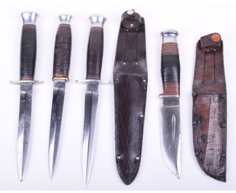 Four British WW2 Period Fighting / Hunting Knives, consisting of an example with leather bound grip and alloy top pommel, pla