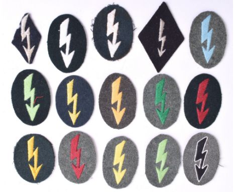 Selection of Cloth Tunic Signals Blitz Insignias, mostly German army issue for various branches of service, one SS diamond sh