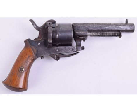 Belgian 6 Shot 7mm Self-Cocking Pin Fire Revolver, Liege proofs, folding trigger, side-gate loading, coil sprung ejector rod,