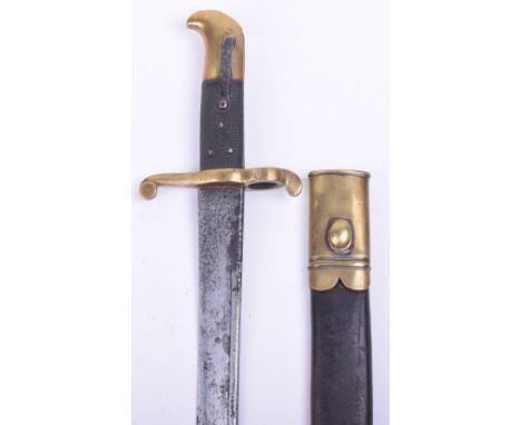 British 1855 Pattern Lancaster Sword Bayonet, with original two piece grips, brass mounted top pommel and brass cross guard. 