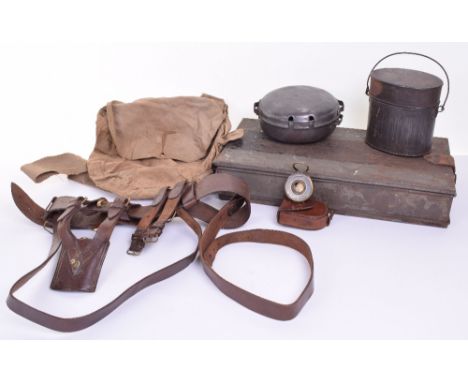 Great War British Equipment consisting of officers cloth haversack side bag with shoulder strap, cavalry pattern mess tin wit