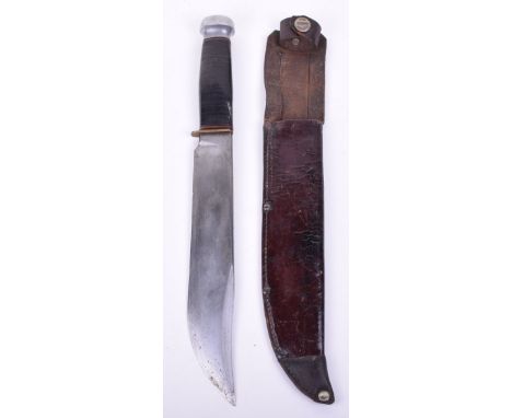 Large American Marbles Gladstone Bowie Type Hunting / Fighting Knife, alloy top pommel with leather covered grip, large bowie