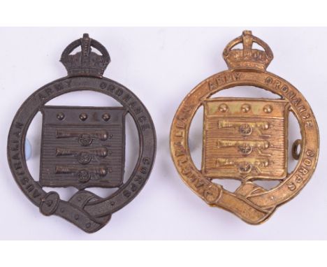 Two Australian Army Ordnance Corps Large Type Badges, being brass type and blackened bronzed example. Both with two lug fitti