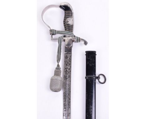 German Officers Dress Sword, plated guard and plain cross guard, black grip retaining the original wire. Housed in the origin