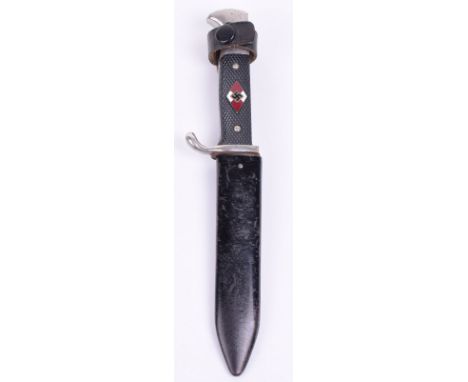 Hitler Youth Boys Dagger, black two piece chequered grips with enamel HJ diamond to the centre. Black painted scabbard with l