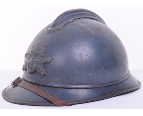 Great War French Artillery Adrian Pattern Steel Helmet, fine example retaining nearly all of its original horizon blue paint 
