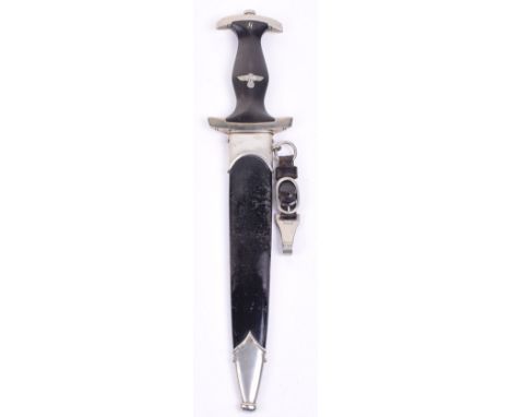 Third Reich SS Enlisted Mans Dress Dagger by Boker, black ebony handle with metal eagle and enamel SS runes device. Lower cro