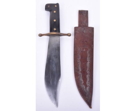 American Collins & Co Bowie Knife, black ebony handle with brass cross guard. Bowie style blade marked Collins & Co Legitimus