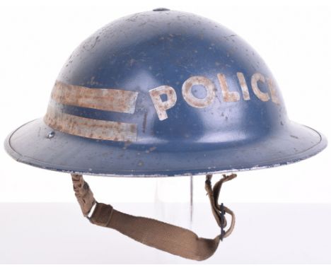 WW2 Senior Police Officers Steel Helmet, blue painted shell with two white painted lines around the centre and POLICE to the 