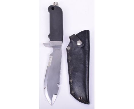 Wilkinson Sword Survival Knife, with moulded black plastic handle, large bowie style blade with serrated edge. Wilkinson Swor