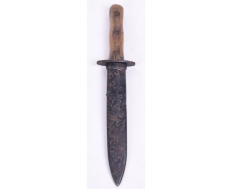 WW2 Italian Fighting Knife, with two piece wooden grips having three bolt fittings inserted and carved initials “AR”. Steel c