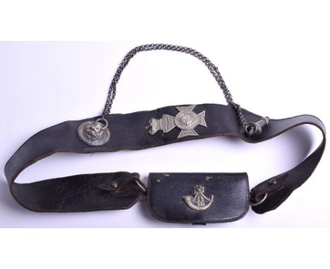 Victorian 16th Dorset Rifle Volunteers Cross Belt and Pouch, black leather cross belt with white metal crowned Maltese cross 