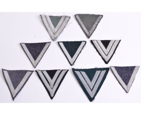 Selection of German Cloth Rank Chevrons, of various types and constructions, mostly army issue, two Panzer / SS black backed 