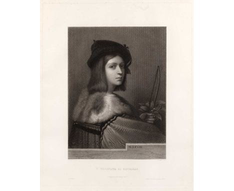 M. Martini after Thevenin
'II Violinista di Raffaelo', engraving, 56 x 45cm; and three further prints to include: the temple 