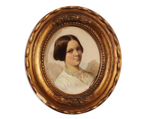 19TH CENTURY ENGLISH SCHOOL Head and shoulders portrait of a young lady, oil on board, 14 x 11cm oval