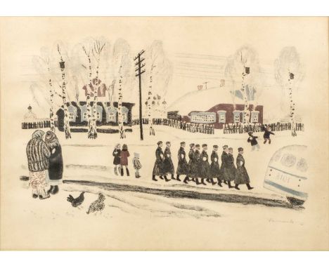 After Klara I Kalinycheva
Troops on the march, Pereslavl-Zalessky, lithograph in colours, pencil signed, 51 x 71cm