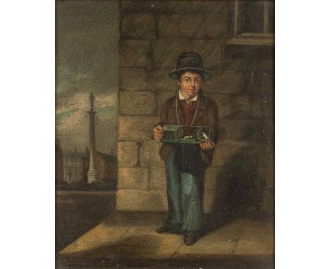 Circle of Charles Hunt (1803-1877)
Street vendor with mice in a cage, oil on panel, 15 x 12.5cm