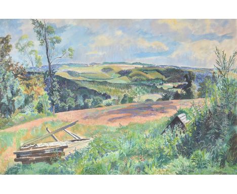 λ  Gilbert Spencer (British 1892-1979)Summer landscapeOil on canvas Signed and dated 1959 (lower right)51 x 77cm (20 x 30¼ in