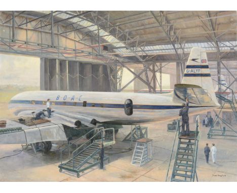 λ David Shepherd (British 1931-2017)P for Peter in for a Check - Comet I in the Comet maintenance hangar, London AirportOil o