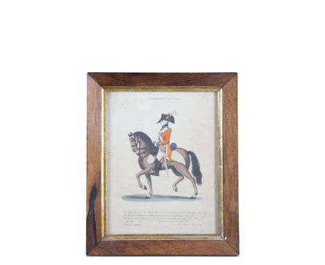 A 19TH CENTURY ROSEWOOD FRAMED MILITARY PRINT, titled Second Regiment Lifeguards; together with two 19th century watercolour 