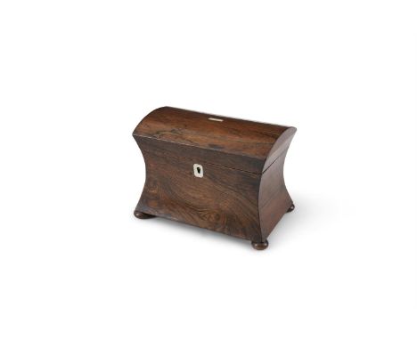 A GEORGE III ROSEWOOD AND MOTHER OF PEARL INLAID TEA CADDY, of sarcophagus form on bun feet. 22cm wide x 25.5cm high x 13cm d