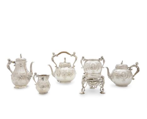 A VICTORIAN SILVER FIVE PIECE TEA AND COFFEE SERVICE, London 1877, 1881, 1882, mark of Henry William Curry, comprising tea ke