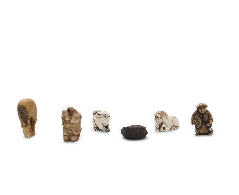 ***PLEASE NOTE: THIS ITEM CONTAINS OR IS MADE OF IVORY***A COLLECTION OF JAPANESE CARVED IVORY NETSUKE, two in the form of ho