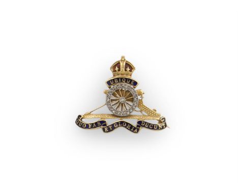 A DIAMOND AND ENAMEL REGIMENTAL SWEETHEART BROOCH FOR THE ROYAL ARTILLERY REGIMENT, in the form of the regimental of a field 