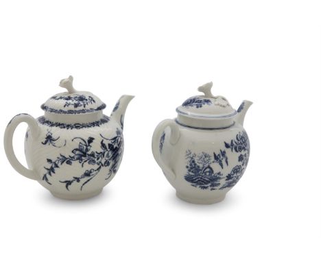 A WORCESTER BLUE AND WHITE FENCE PATTERN TEAPOT AND COVER, 18TH CENTURY; together with another Worcester blue and white 'Mans