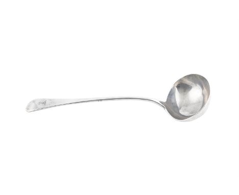 AN EDWARDIAN OLD ENGLISH PATTERN SILVER LADLE, London 1903, mark of West & Son, the terminal crested, (c.9 troy ozs). 33cm lo