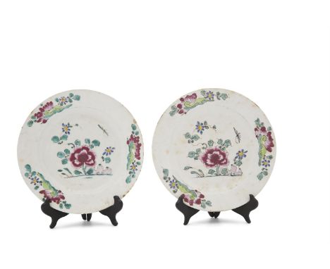 A PAIR OF RARE BOW PORCELAIN 'FAMILLE ROSE'  DISHES, c.1750each of circular shape, painted and enamelled with stylized floral