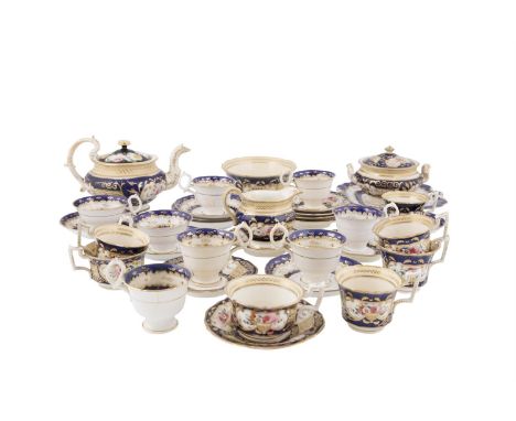 A COLLECTION OF 19TH CENTURY HAND PAINTED ENGLISH CHINA, comprising tea pot, creamer, tea and coffee cups, saucers and side p