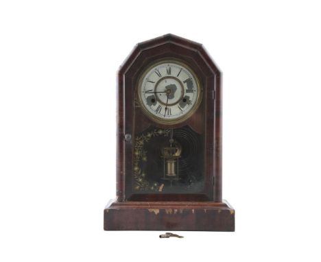 A 19TH CENTURY AMERICAN MANTLE CLOCK, with compensated pendulum, in wooden and glazed case, retaining original label '8 day D