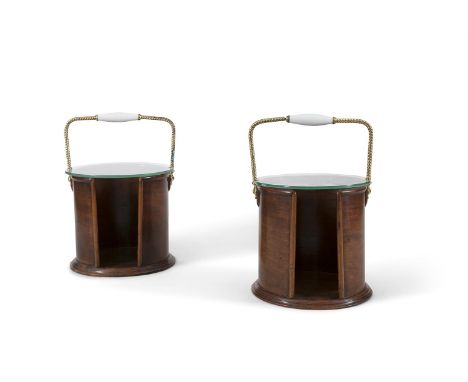 A PAIR OF COMPOSED MAHOGANY STAINED PLATE BUCKETS, with fixed ceramic and spiral turned brass handles. 33cm wide x 47cm high