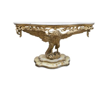 A LARGE VICTORIAN GILTWOOD AND GESSO CONSOLE TABLE, the bow-fronted marble top above a pierced frieze of flower heads and tre