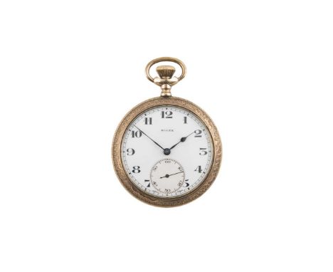 A ROLEX OPEN FACE POCKET WATCH, C.1920'Shoused within an engraved rolled gold case, glazed with enamel dial featuring a secon