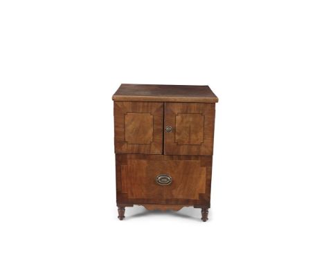 A GEORGE III MAHOGANY AND EBON STRUNG CONVERTED COMMODE, with twin cupboard doors above a single drawer on turned feet. 58cm 