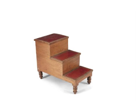 A VICTORIAN MAHOGANY LIBRARY OR BED STEPS, each step inset with gilt tooled leather tread, raised on turned feet, the top ope