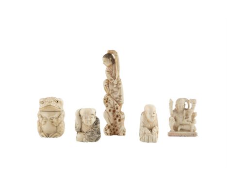 A COLLECTION OF 19TH CENTURY MINIATURE CARVINGS, comprising a stag antler model of a toad, Meiji Period, 5cm high, two carved