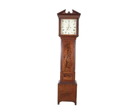 AN IRISH INLAID MAHOGANY LONGCASE CLOCK, early 19th century by Vizer of Dublin, the architectural hood enclosing a white pain