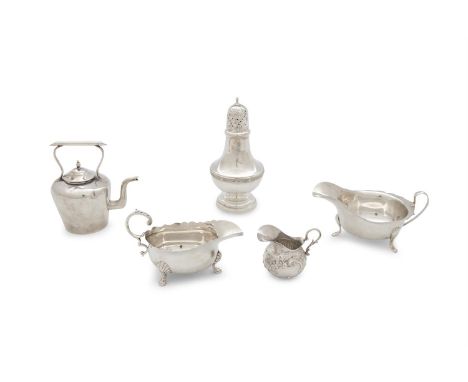 A COLLECTION OF SILVER ITEMS, comprising:- a small plain silver sauce boat, London 1924, maker's mark rubbed, with wavy rim, 