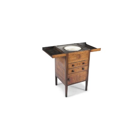 A GEORGE III MAHOGANY AND BOXWOOD INLAID TOILET COMMODE, of squared upright form, with fold out cross banded top, enclosing a
