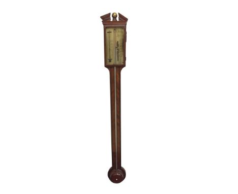 AN EARLY 19TH CENTURY MAHOGANY CASED STICK BAROMETER BY J. SELUA OF FALMOUTH, surmounted with a broken pediment and golden or