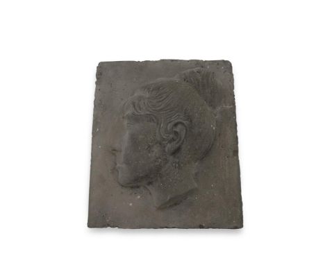 A CAST CONCRETE RECTANGULAR PANEL, decorated with a bas relief profile portrait of a young woman, signed 'Paul'. 38.5 x 33cm