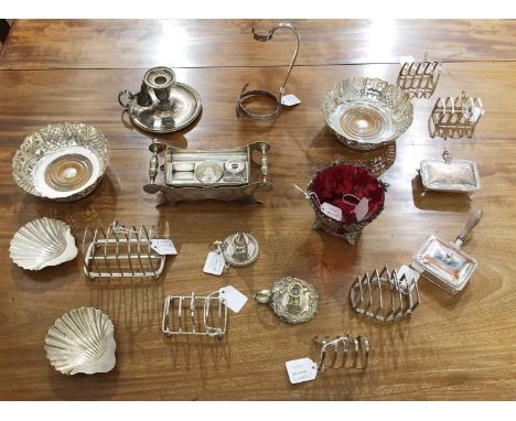 A COLLECTION OF SILVER PLATE, comprising:- A pair of silver plated wine coasters, with wooden bases- A pair of silver plated 