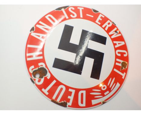 WWII German circular enamel sign Deutschland Is Awake D: 15 cm 