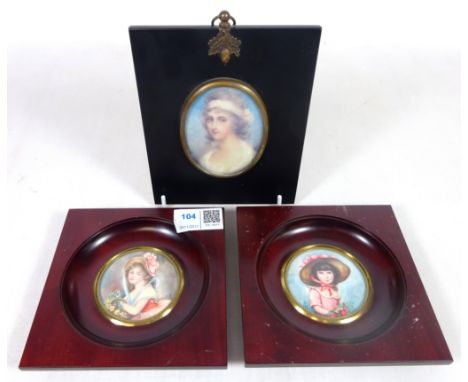 Pair of miniature watercolour portraits on ivory of young girls,  monogrammed R E and a printed portrait miniature (3) Condit