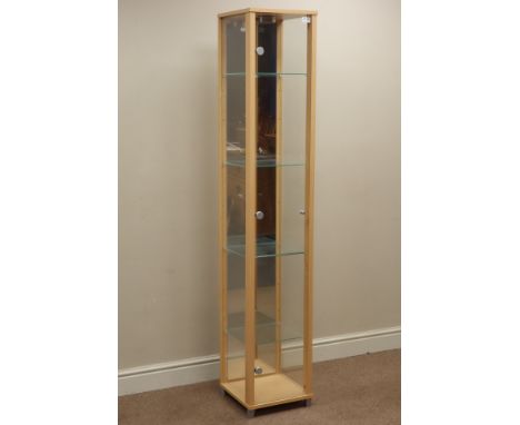 Tall narrow light wood glazed display cabinet, W31cm, H172cm, D32cm   Condition Report   Click here for further images, condi