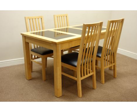 Light wood rectangular dining table with three inset slate panels (141cm x 80cm, H74cm), and set four chairs with upholstered