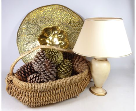 Large brass tray, string work basket with acorn display and a pottery table lamp, H52cm (3)  (This item is PAT tested - 5 day